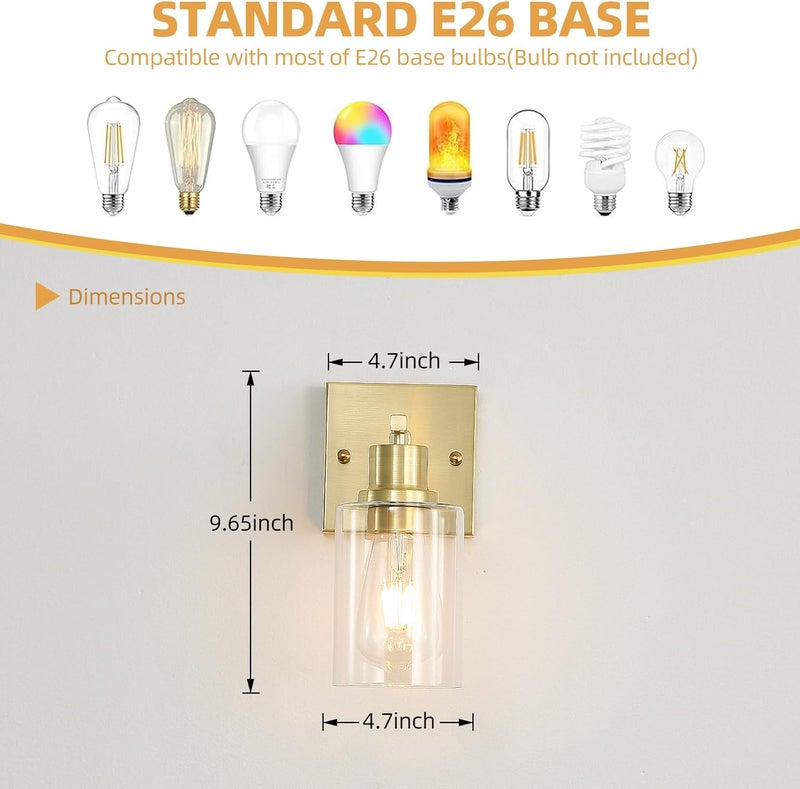 EMONG Gold Bathroom Light Fixtures,1-Lights Brushed Brass Vanity Light with Clear Glass Shade, Wall Sconces for Hallway, Farmhouse, Living Room - Image 5